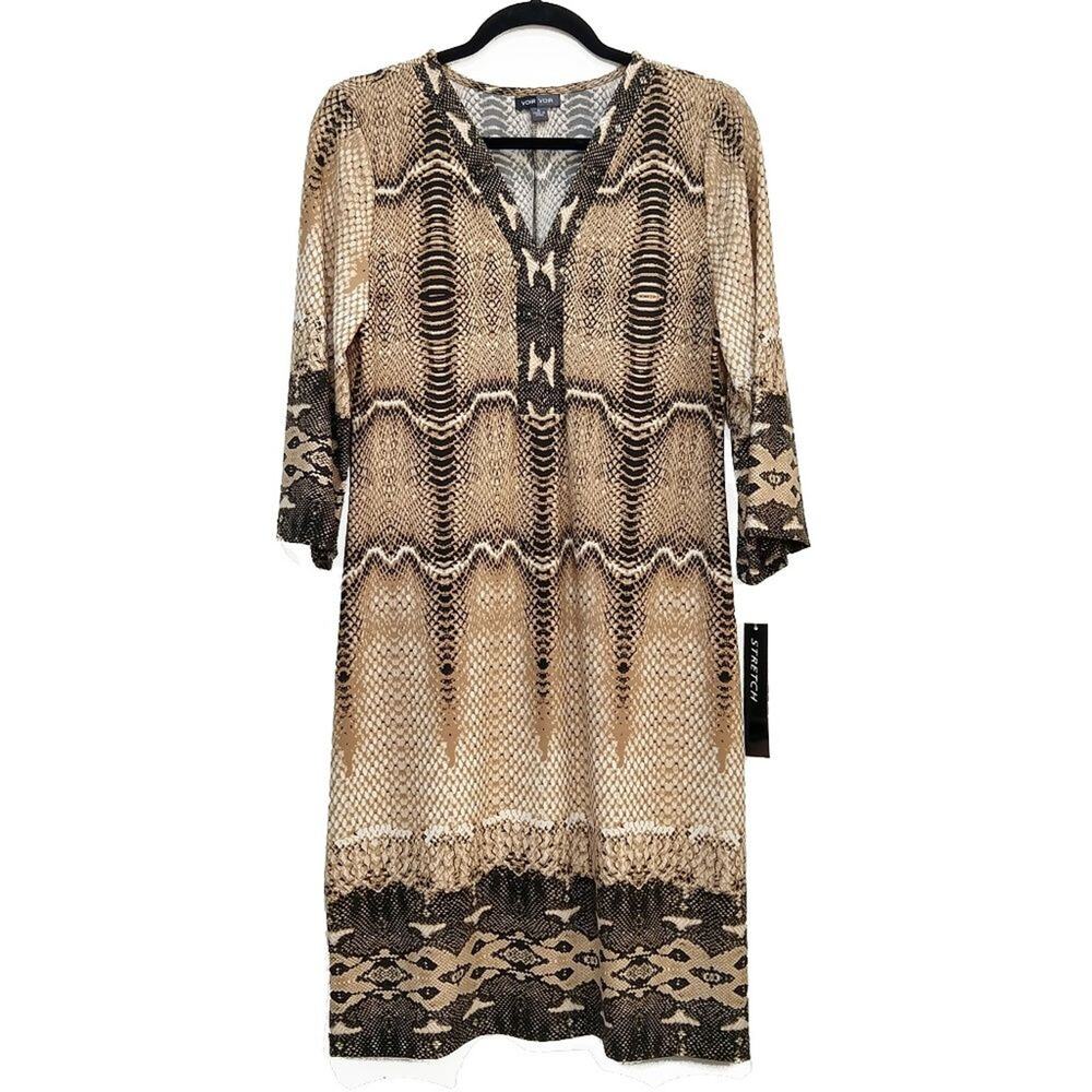 Voir Voir Women's Snakeskin Print Dress Size 8 Tan Black 3/4 Sleeves V Neck New